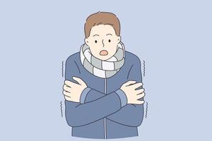 gevoel verkoudheid en bevroren concept. jong Mens in warm jas en sjaal staand gevoel verkoudheid met verrast kijken vector illustratie