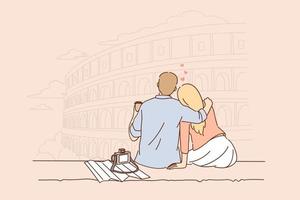 op reis en vakantie in Rome concept. jong paar zittend achteruit hebben reis romantisch vakantie naar Italië Rome drinken koffie knuffelen vector illustratie