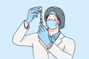 Onderzoek van covid-19 virus vaccin concept. jong vrouw wetenschapper in medisch medisch gezicht masker op zoek Bij injectiespuit in laboratorium aan het doen sommige Onderzoek vector illustratie