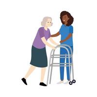 verpleegster helpt haar grootmoeder naar Gaan naar de wandelaar. zorgzaam voor de ouderen. vector illustratie in een vlak stijl