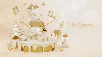 luxe achtergrond met sneeuwman Aan gouden podium en 3d realistisch Kerstmis ornamenten en sprankelend licht effect met bokeh decoraties en sneeuw. vector illustratie.