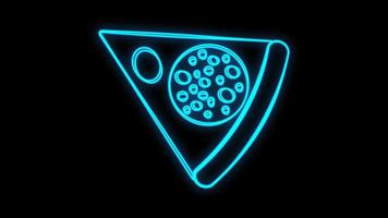 plak van pizza Aan een zwart achtergrond, vector illustratie, neon. pizza met vulling in neon blauw. helder verlichte teken voor decoratie en decor van restaurants en cafés