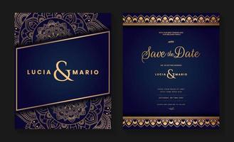 luxe bruiloft uitnodiging kaart ontwerp met gouden mandala en abstract patroon, Arabisch Islamitisch oosten- achtergrond stijl, decoratief sier- mandala voor afdrukken, poster, omslag, folder, en spandoek. vector