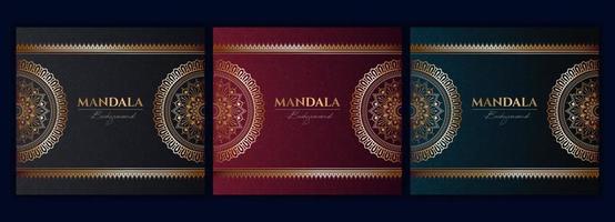 reeks van abstract goud luxe mandala achtergrond vector sjabloon, circulaire sier- arabesk patroon voor poster, omslag, brochure, folder. rood, groente, blauw achtergrond met etnisch bloemen mandala element