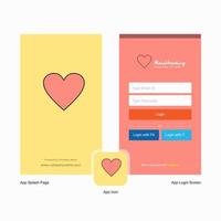 bedrijf hart plons scherm en Log in bladzijde ontwerp met logo sjabloon mobiel online bedrijf sjabloon vector