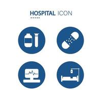 symbool van uitrusting Bij ziekenhuis pictogrammen Aan blauw cirkel vorm geïsoleerd Aan wit achtergrond. vector illustratie.