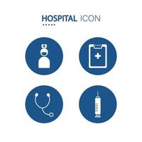 uitrusting Bij ziekenhuis pictogrammen Aan cirkel vorm geïsoleerd Aan wit achtergrond. vector illustratie.