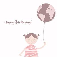illustratie met tekst gelukkig verjaardag en meisje Holding ballon met aarde afbeelding. illustratie kan worden gebruikt Leuk vinden ansichtkaart of uitnodiging. vector