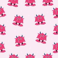 naadloos patroon met roze monster met hoorns, een tand en groot ogen. de illustratie kan worden gebruikt Leuk vinden charakter voor kinderachtig afdrukken vector