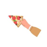 Italiaans snel voedsel pizza met salami, kaas, en olijven. driehoek salami pizza plak in hand- geïsoleerd Aan wit achtergrond. vector illustratie