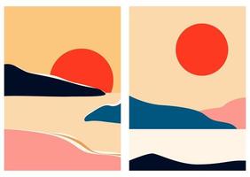 abstract hedendaags landschap posters reeks Japans stijl. midden eeuw modern minimalistische kunst afdrukken. boho poster omslag. berg, heuvel, meer, zon. vlak ontwerp voor boek omslag, poster, banier, brochure. vector