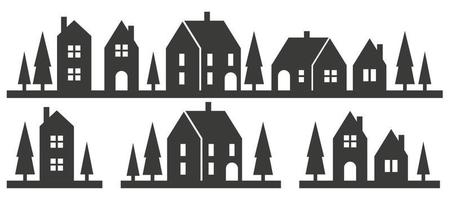 silhouet van huizen Aan de horizon. buitenwijk buurt landschap. platteland huisje huizen. glyph vector illustratie.