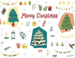 Kerstmis reeks met Kerstmis bomen, Kerstmis ballen, guirlande, geschenken, ster, boog. vector