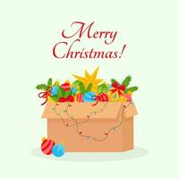 groet kaart met Kerstmis decoraties in een doos. vector illustratie.