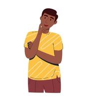 een jong knap Mens denkt na de vraag en houdt zijn kin. in een geel t-shirt en bruin broek. vector illustratie van een vlak geïsoleerd wit achtergrond