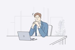 zakenman gedurende werk planning concept. jong positief zakenman tekenfilm karakter zittend Bij bureau diep in gedachte werken Aan laptop in kantoor vector illustratie