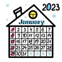 kalender 2023. januari. schattig creatief ongebruikelijk kalender getrokken door hand. huis kalender. krabbels, tekening. sjabloon voor bureaublad, muur kalender, dagelijks planner, organisator, schema. vector illustratie