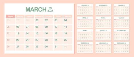 muur kalender 2023. maart. week begint Aan zondag. maandelijks kalender sjabloon. ontwerp zakelijke planner. landschap oriëntatie. kantoor bedrijf planning. pastel kleur. vector illustratie