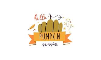 Hallo pompoen seizoen. herfst hand- getrokken belettering vector reeks met pompoenen, kastanje en bladeren. hal