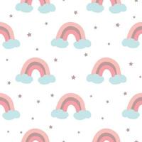 roze regenboog naadloos patroon versierd wolken sterren voor baby meisje ontwerp sjabloon. schattig baby douche roze kleur achtergrond. kinderachtig stijl behang textiel kleding stof lap. vector illustratie.