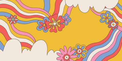 retro groovy achtergrond met wolken. bloemen en golvend regenbogen. helder kleuren, wijnoogst schattig vector illustratie met abstarct vormen.