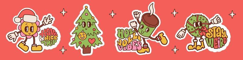 Kerstmis sticker reeks met levendig belettering hippie wensen woorden. groovy hand- getrokken brieven Gefeliciteerd met retro karakters. jaren 70 en Jaren 60 typografie voor sociaal media. vector contour ontwerp.