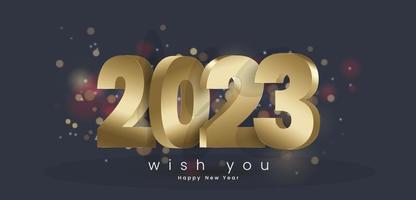 een gelukkig nieuw jaar goud 3ds brieven ontwerpen Aan donker achtergrond met mooi hoor bokeh licht Effecten in de omgeving van 2023 voor De volgende jaar. vector