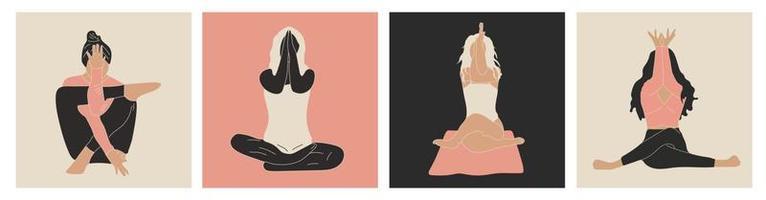 reeks van vier vrouw beoefenen yoga en meditatie.meisjes in namaste houding oefening. meditatie Gezondheid voordelen voor lichaam en verstand. vector illustratie