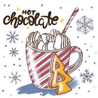 heet chocola, hand- belettering, heerlijk drinken met marshmallows en koekjes, achtergrond sneeuwvlokken vector