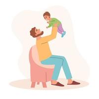 Mens met baby jongen zittend Aan de stoel. gelukkig vader Holding baby zoon. vaderschap, vaders dag, baby zorg, uitgeven tijd Bij huis, ouderschap, gelukkig familie of single vader concept. vector