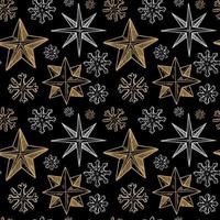 vrolijk Kerstmis en gelukkig nieuw jaar naadloos patroon met gouden hand- getrokken sterren en sneeuwvlokken. feestelijk achtergrond. vector illustratie in schetsen stijl
