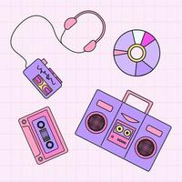 muziek- reeks 90's in knal kunst stijl. vector illustratie muziek- speler, koptelefoon, audio cassette, CD schijf, microfoon, boombox voor stickers, logo's, afdrukken, patches en sociaal media