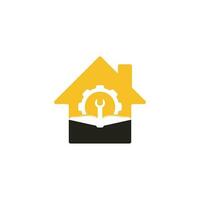 reparatie boek huis vorm concept logo sjabloon ontwerp vector. boek en moersleutel logo ontwerp vector