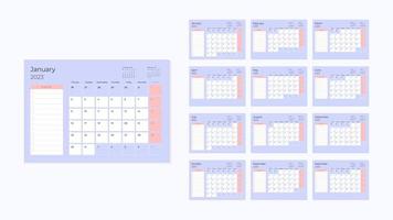 2023 jaar maandelijks kalender met ontwerper sjabloon vector