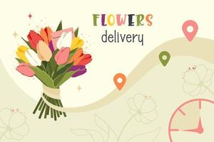 floristisch onderhoud, snel bloemen levering. decoratie en bestellen bloem samenstelling. bundel van bloeiend tulpen met wens, horloge, plaats icoon. vector vlak illustratie voor geschenk, online bestellen