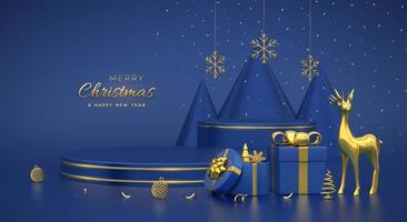Kerstmis tafereel en 3d platformen met goud cirkel Aan blauw achtergrond. blanco voetstuk met hert, sneeuwvlokken, ballen, geschenk dozen, gouden metalen ijshoorntje vorm pijnboom, net bomen. vector illustratie.