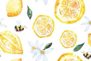 naadloos patroon bloem, bij en lamon met aquarel.ontworpen voor kleding stof en wallpaper.bloeiend bloemen schilderij voor zomer.abstract achtergrond.fruit patroon. vector