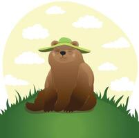 een beer in een groen hoed zittend in een weide vector