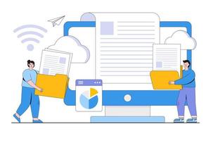 vlak elektronisch document met mensen tekens concept. schets ontwerp stijl minimaal vector illustratie voor landen bladzijde, web banier, infografieken, held afbeeldingen.