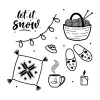 reeks van hygge levensstijl knus elementen. laat het sneeuw. winter elementen voor groet kaarten, affiches, stickers en seizoensgebonden ontwerp. geïsoleerd Aan wit. Kerstmis decoraties vector