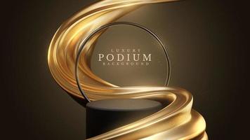 luxe achtergrond met Product Scherm podium met zwart ringen kader en goud vloeistof elementen met schitteren licht Effecten decoraties en bokeh. vector illustratie.