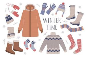 reeks warm kleren met winter tijd inscriptie. schetsen modieus gebreide kleding geïsoleerd Aan wit. seizoensgebonden ontwerp element. vector illustratie