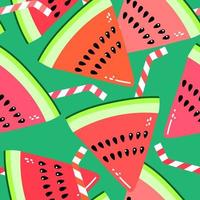 vector naadloos patroon met watermeloen plakjes en cocktail rietjes. kleurrijk hand getekend herhaalbaar achtergrond. zomer fruit met zaden achtergrond.
