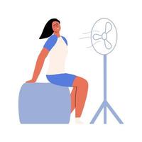 een meisje gebruind in zomer koelt af naar beneden zittend De volgende naar een fan. vector illustratie in een vlak stijl.