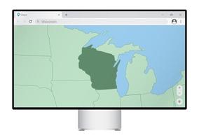 computer toezicht houden op met kaart van Wisconsin in browser, zoeken voor de land van Wisconsin Aan de web in kaart brengen programma. vector