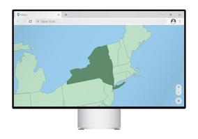 computer toezicht houden op met kaart van nieuw york in browser, zoeken voor de land van nieuw york Aan de web in kaart brengen programma. vector