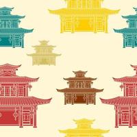bewerkbare vlak monochroom stijl drie daken traditioneel Chinese gebouw vector illustratie in divers kleuren net zo naadloos patroon voor creëren achtergrond van oosters geschiedenis en cultuur verwant ontwerp