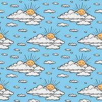 schattig wolk en zon naadloos patroon vector achtergrond. glimlachen zon kinderen illustratie geïsoleerd Aan blauw lucht. zomer achtergrond. grappig ontwerp voor kinderen en baby