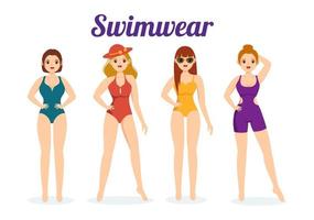 badmode met verschillend ontwerpen van bikini's en zwemkleding voor Dames Bij de zomer strand in vlak stijl tekenfilm hand- getrokken Sjablonen illustratie vector