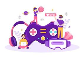 video spel met kinderen spelen gamepad controllers vechten troosten Aan android mobiel computer in vlak tekenfilm hand- getrokken sjabloon illustratie vector